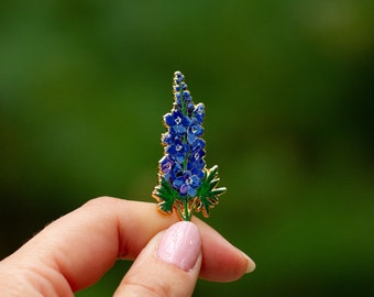 PREORDER Larkspur Floral Enamel Pin, Delphinium Brooch, July Birth Month Flower, Floral Accessory, Botanical Illustration Art, Blue Flower