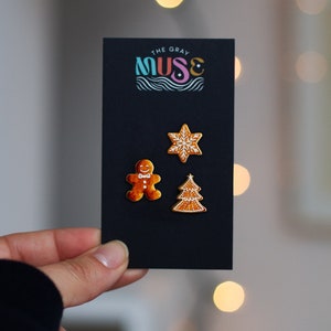 RETIRING Mini Gingerbread Cookies Set of Enamel Pins (3), Festive Brooch Badge, Holiday Jewelry, Christmas Lapel Accessory, Baker Gifts