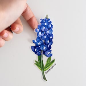 Puede incluir: Una pegatina con una ilustración detallada de una flor de bluebonnet. Los pétalos azules tienen detalles blancos, con hojas y tallo verdes. La pegatina tiene un borde transparente y el texto "@thegraymuse" es visible.