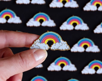 Rainbow with Glitter Clouds Enamel Pin, Colorful Lapel Pin, Nature Lover Accessory, Sky Badge, Cloud Jewelry, Rainbow Gift, Artist Gift