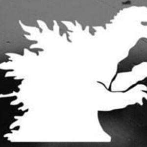 May include: A white silhouette of Godzilla, a famous Japanese monster, with a spiky back and a roaring expression.