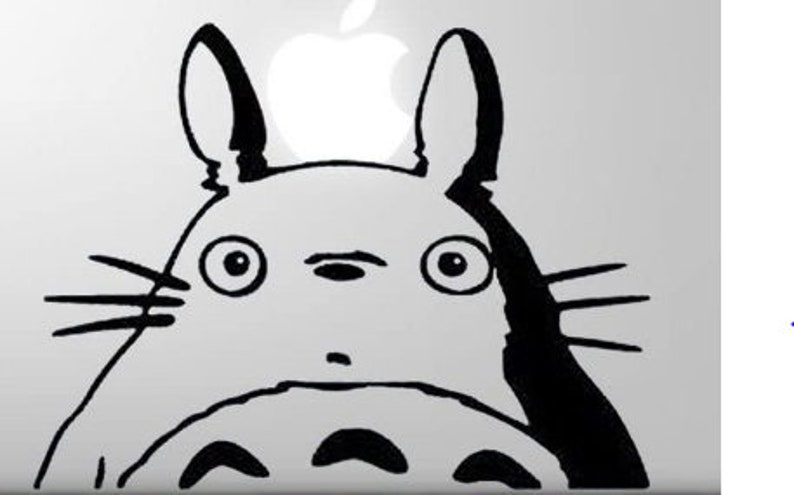 May include: Black and white line drawing of Totoro, a fictional character from the Japanese animated film My Neighbor Totoro. Totoro is a large, furry creature with big eyes and a wide mouth.