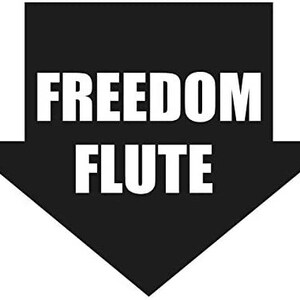 May include: Black and white arrow pointing down with the text "FREEDOM FLUTE" in white.