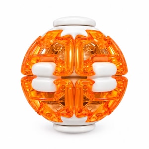 May include: A spherical puzzle toy featuring a complex interlocking design. The object is constructed from translucent orange plastic segments and solid white plastic components, arranged in a symmetrical pattern around a central core.