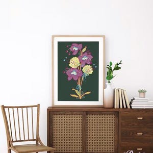 Arte mural floral llamativo y excéntrico, estampado floral vibrante, decoración de pared imprimible, descarga digital