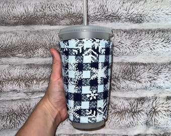 Plaid and Snowflakes Insulated Iced Coffee Cozy, Cup Sleeve