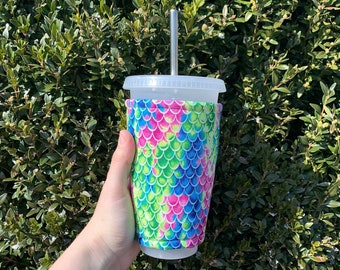 Mermaid Scales, Bright Insulated Iced Coffee Cozy, Cup Sleeve