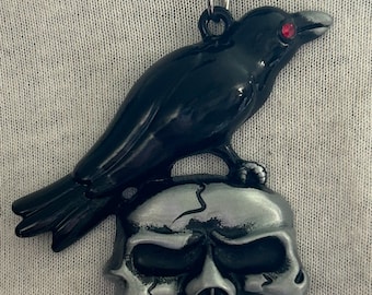 Raven/Crow On Skull Pendant Necklace On Black Leather Cord With Adjustable Length