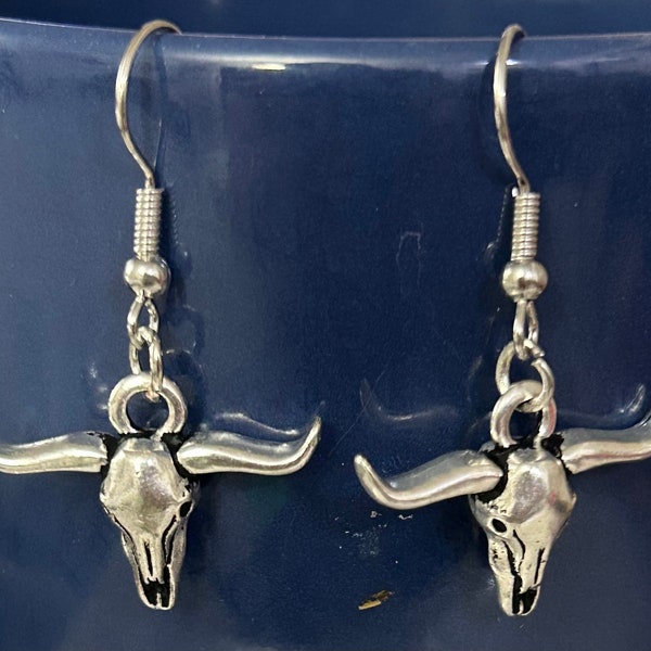 Longhorn Bull Skull Earrings Antique Silver