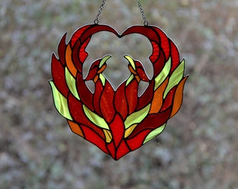 Phoenix suncatcher Stained glass window hanging Gift for Twins Love gift Leaded glass Glass art Flame firebird Mother's day gift Stain glass