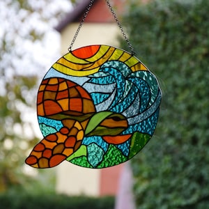 Stained glass panel Ocean turtle Stain glass landscape Window suncatcher Wall decor Birthday gift Home & Garden decor Natural design