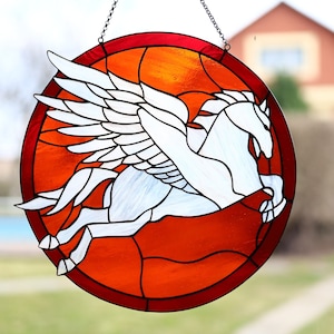 Pegasus stained glass suncatcher Window hanger Leaded glass Winged horse Stain glass logo Hand crafted gift Sunrise suncatcher Custom glass