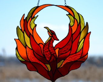 Vitrail attrape-soleil phénix suspendu attrape-soleil flamme oiseau de feu décoration de fenêtre attrape-soleil tache Cadeau artisanal symbole de récupération