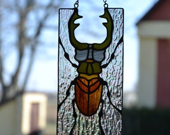 Stained glass window hanging Stag beetle suncather Glass bug Stain glass pendant Gift for him Wall decor  Window sun catcher Nature style