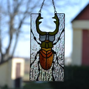 Stained glass window hanging Stag beetle suncather Glass bug Stain glass pendant Gift for him Wall decor  Window sun catcher Nature style