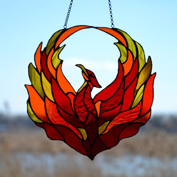 Stained Glass Phoenix Suncatcher, Firebird Window Decor, Handmade Protective amulet