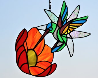 Stained glass Hummingbird Window suncatcher hanging Christmas gift Stain glass bird Colibri Fused glass art Wall decor Living room decor