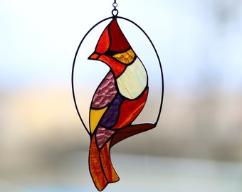 Cardinal bird suncatcher Stained glass window hanging bird Mother's day gift Home decor Stain glass Cardinal Bird decor Handcrafted gift