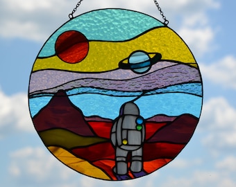 Space Themed Round Suncatcher with Astronaut Landing Design Space landscape Window hanging Gift for him Wall decor Mars mission Round panel