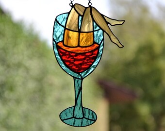 Suncatcher Stained glass window hanging Christmas gift Wine diving Stain glass art Wall decor Gift for her Wine glass Joke gift Xmas gift