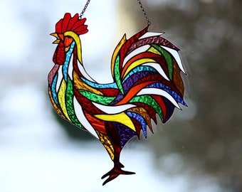 Colorful Rooster Suncatcher in Stained Glass Bird suncatcher Kitchen decor Leaded glass Window hanging catcher Stain glass gift Wall decor
