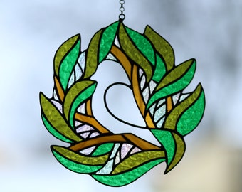 Invisible bird stained glass suncatcher Stain glass Wreath Window hanging sun catcher Home decor Birthday gift Glass leafs Wall decor