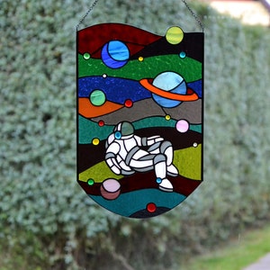 Stained glass panel Astronaut Handcrafted Window hanging suncatcher Stain glass decor Space landscape Gift for him Wall art Window pendant