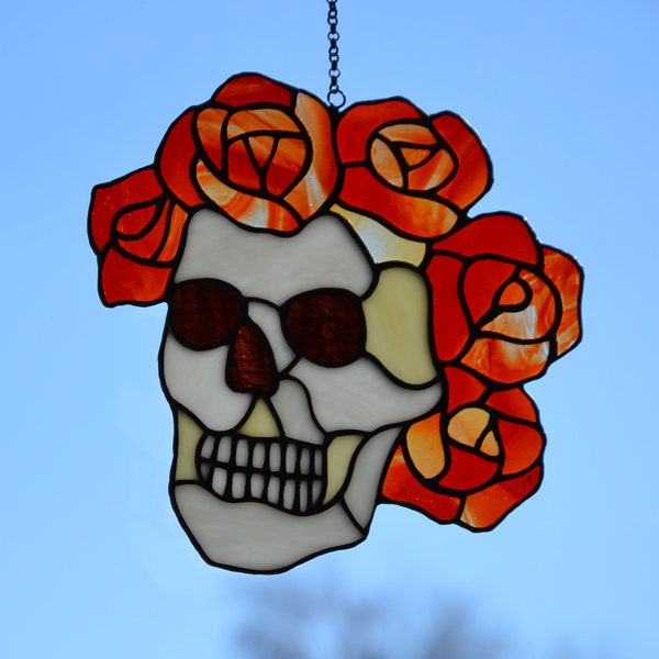 Stained glass suncatcher Grateful Dead Berta Gift for him Glass flowers Wall decor Stain glass Custom stained glass Glass roses calavera