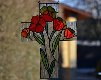 Stained glass suncatcher Cross and poppies window hanging Stain glass flowers Living room decor Mother day gift Garden decor Glass art