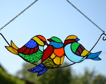 Stained glass suncatcher Birds on a branch Mother&#39;sday gift Glass window hanging Multicolor birds Wall decor Garden hanging Living room