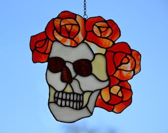 Stained glass suncatcher Grateful Dead Berta Gift for him Glass flowers Wall decor Stain glass Custom stained glass Glass roses calavera