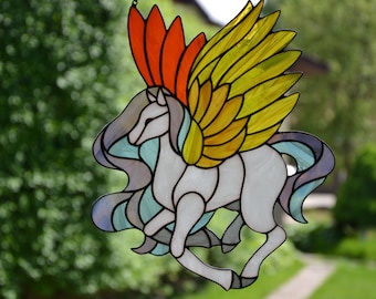 Stained glass sun catcher Pegasus Stained glass window hanging  Christmas gift Wall decor Stain glass panel Glass horse Fairy tale character