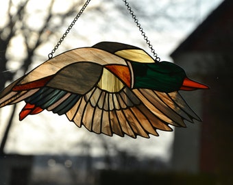 Attrape-soleil en vitrail Canard volant Cadeau en verre Suspension attrape-soleil Oiseau en verre Art du vitrail Décoration murale Bel oiseau Jardin