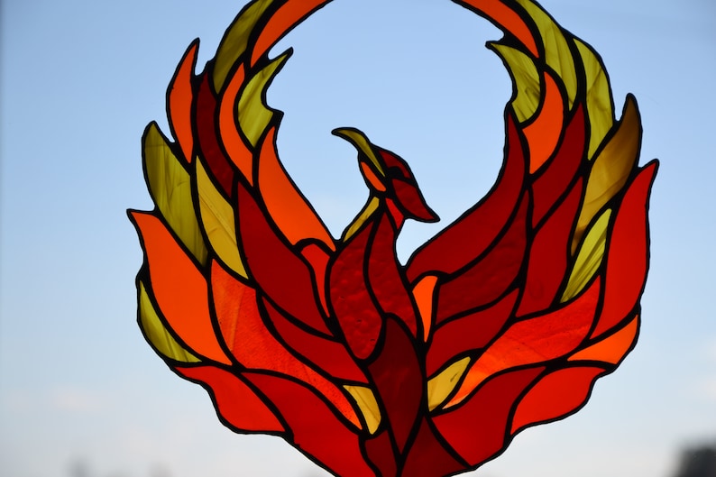 Stained Glass Phoenix Suncatcher Window Hanging Flame Etsy
