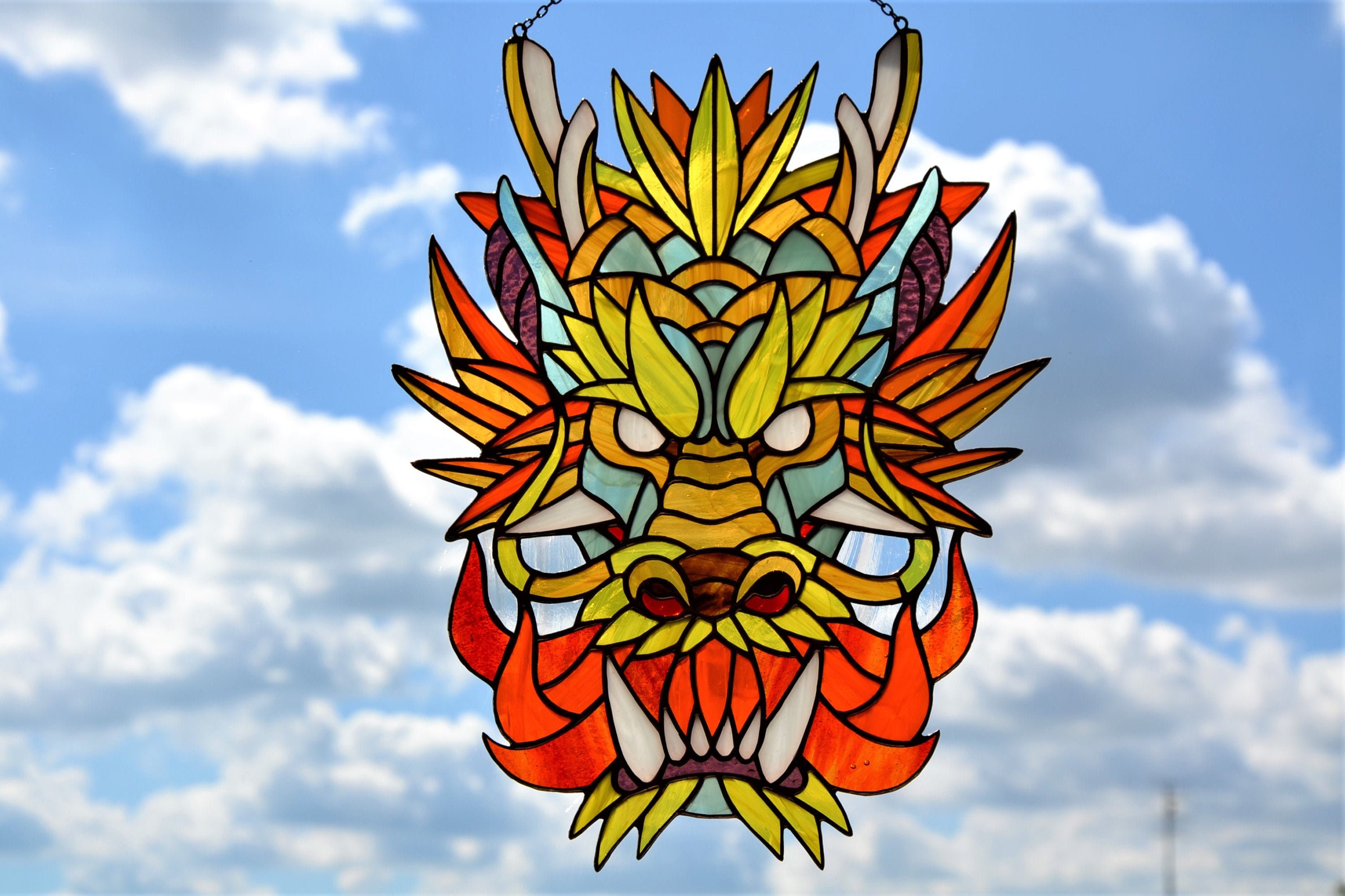 Chinese dragon stained glass panel Window hanging suncatcher Etsy