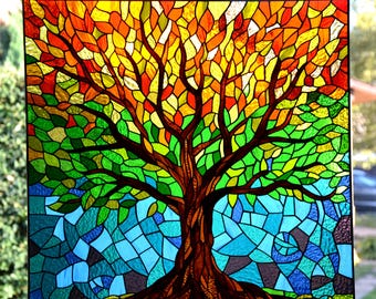 Stained glass tree Stain glass panel Window hanging Custom stained glass Home decor Natural pattern Wall decor Birthday gift Leaded glass
