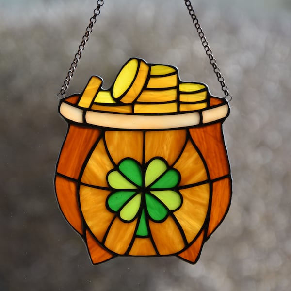 Stained glass suncatcher Leprechaun pot full of gold Christmas gift Protective amulet Window hanging Irish decor Mother's day gift