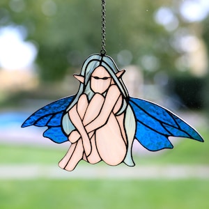 Tiny Blue Winged Elf Girl Suncatcher Handmade Glass Art Decor Stained glass window hanging Fairy tale character Window decor Gift for him