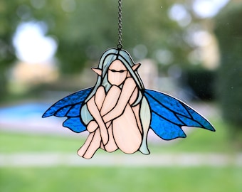 Tiny Blue Winged Elf Girl Suncatcher Handmade Glass Art Decor Stained glass window hanging Fairy tale character Window decor Gift for him