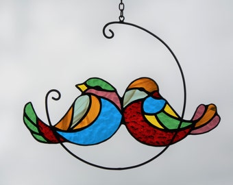 Stained glass Suncatcher Two birds on branch stained glass window hanging Stain glass Glass decor Friendly gift Wall decor Mother day gift