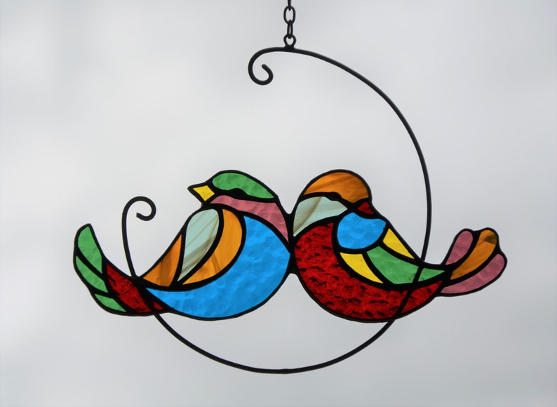 Stained Glass Birds On Branch 3D Stereoscopic Bird Statue Ornaments Double Sided Multicolor Bird Craft Statue Table Gift For Bird Lovers Decor Home Office (Chroma-2
