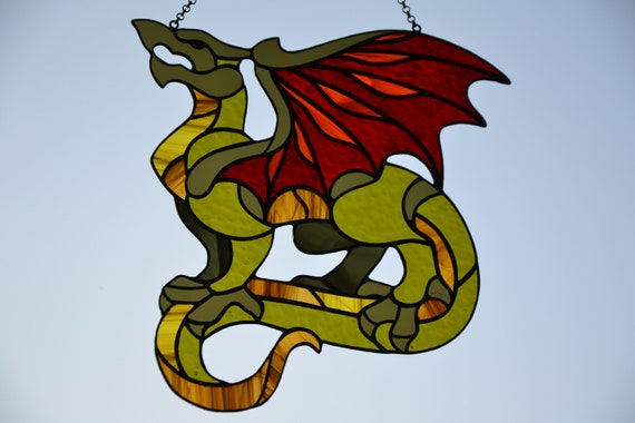 Red Winged Dragon Suncatcher Handmade Stained Glass Art Window hanging stained glass Rainbow maker Handcrafted gift Stain glass decor