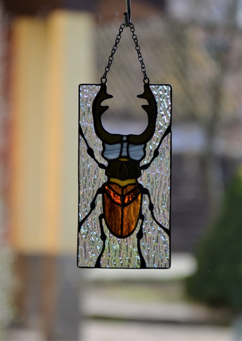 Stained glass window hanging Stag beetle suncather Glass bug Stain glass pendant Gift for him Wall decor Window sun catcher Nature style image 5