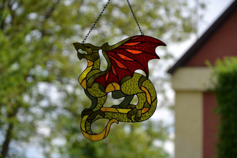 Red Winged Dragon Suncatcher Handmade Stained Glass Art Window hanging stained glass Rainbow maker Handcrafted gift Stain glass decor image 6