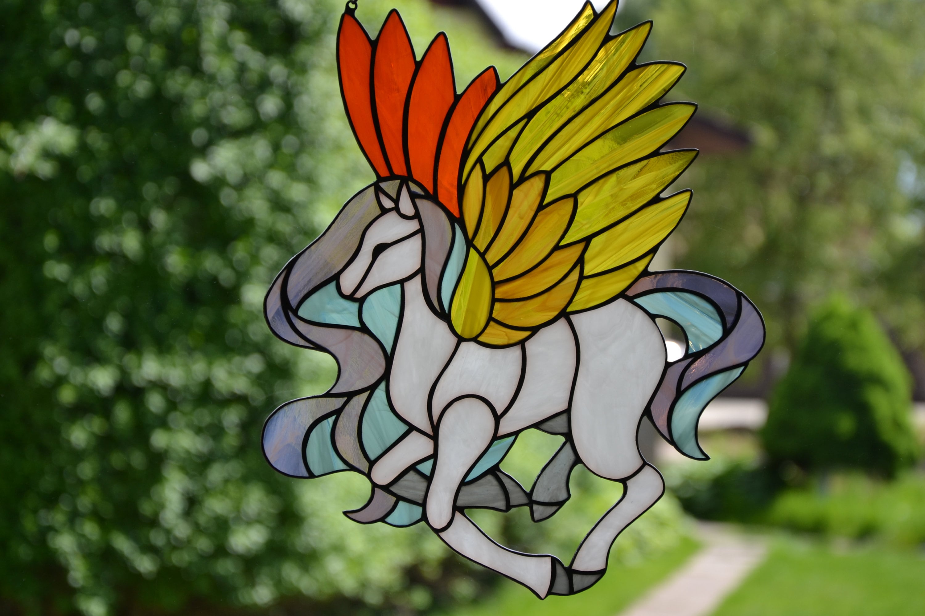 Stained glass sun catcher Pegasus Stained glass window hanging Mother day gift Wall decor Stain glass panel Glass horse Fairy tale character