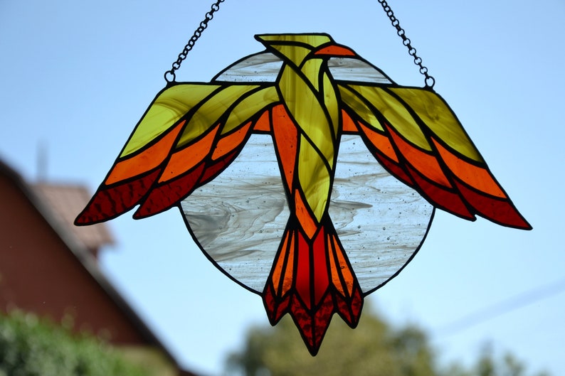 Thunderbird Stained glass suncatcher Gift for him Window hanging Bird suncatcher Mythical bird Stain glass decor Leaded lights Outdoor decor image 3