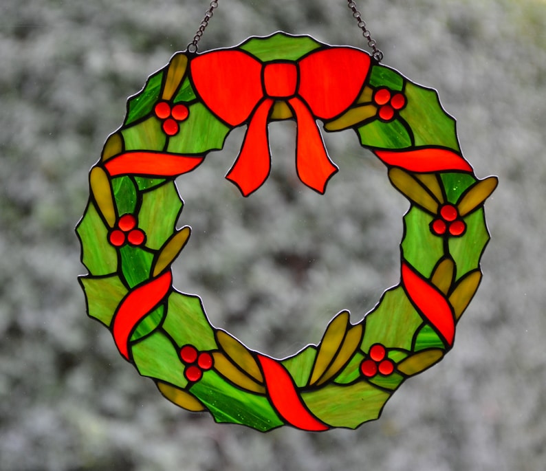 Christmas wreath suncatcher Stained glass window hanging Glass Etsy