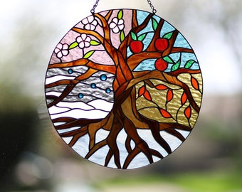 Gebrandschilderd glas Suncatcher Tree of Life Four Seasons Vlekglas paneel Cadeau voor haar Patio decor Loodhoudende verlichting Handgemaakte zonnevanger Wanddecor