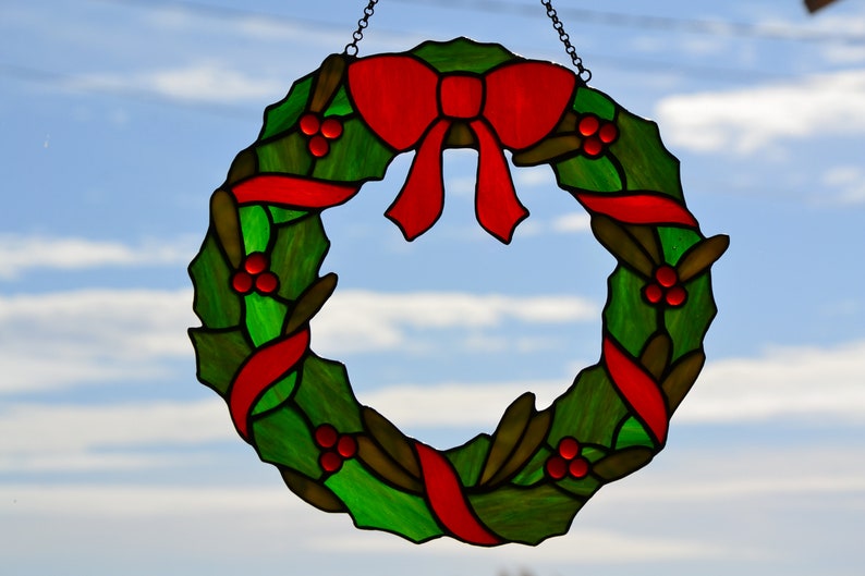 Christmas wreath suncatcher Stained glass window hanging Glass Etsy