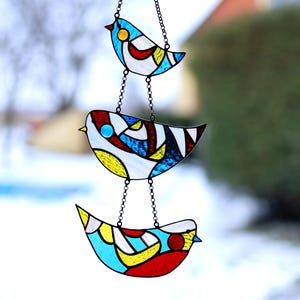 Handcrafted Stained Glass Bird Trio Suncatcher Window hanging decor Stain glass bird Garden decor Handmade gift